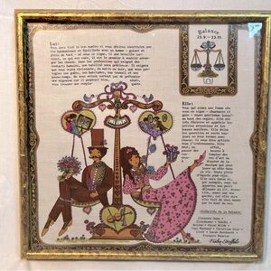 Vintage libra astrology sign scarf. Framed.